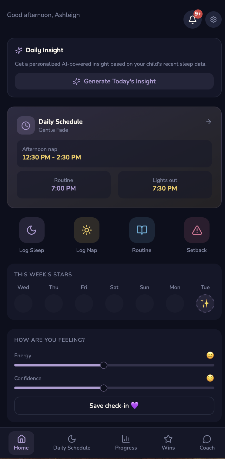 The Little Dreamers home screen: a warm greeting, a daily AI insight, today's sleep schedule with nap and lights-out times, quick log buttons, and a how-are-you-feeling check-in.