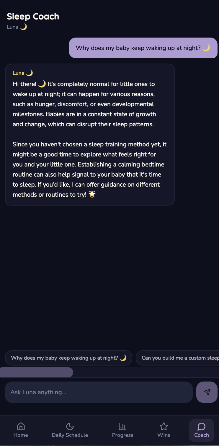 A chat with Luna, the AI sleep coach. A parent asks why their baby keeps waking at night, and Luna replies with a warm, reassuring explanation and offers to suggest gentle methods to try.