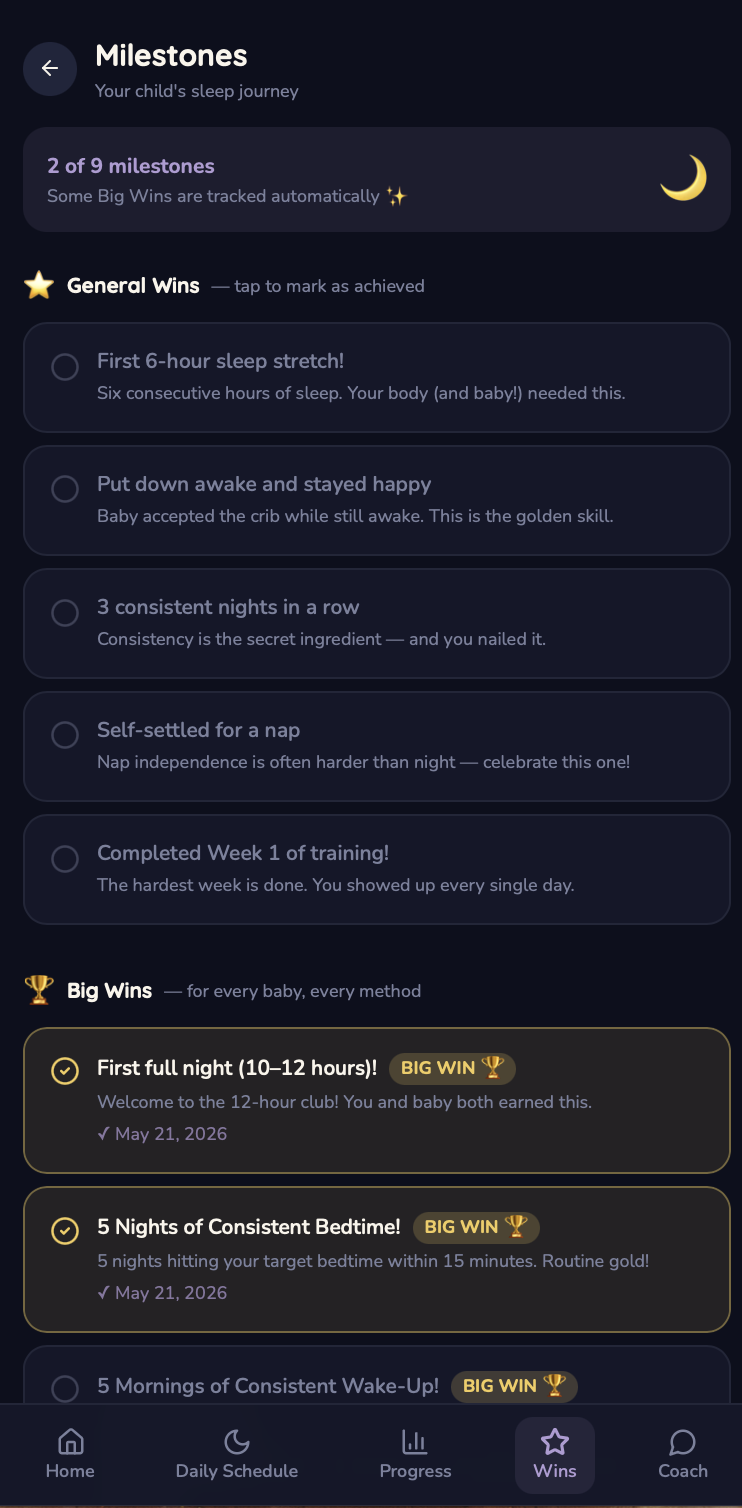 The Milestones screen showing sleep wins earned, including a first full night of 10 to 12 hours and five nights of a consistent bedtime, each marked with a gold trophy badge.